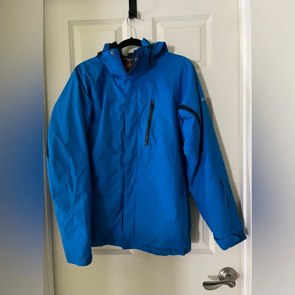 Men’s Columbia Omni-heat blue hooded winter jacket, multiple pockets, Velcro-S